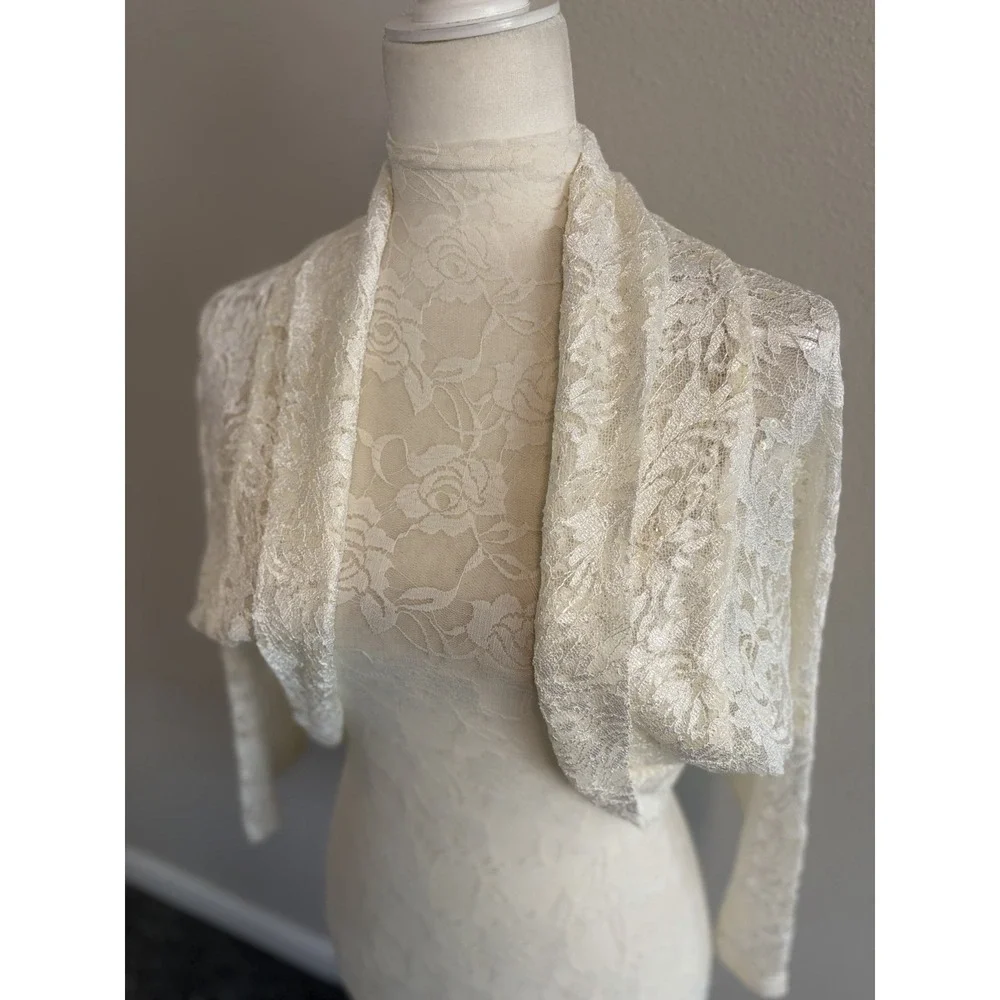 Tahari ASL Bolero~XL~Off White Lace Sequin Crop Shrug Formal Evening Covers Arms - Picture 1 of 14